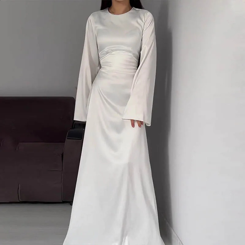 Women Satin Long Dresses Sexy Lace Up Slim Evening Dresses Simple Round Neck Flare Sleeve Birthday Party Dresses For Women 240819