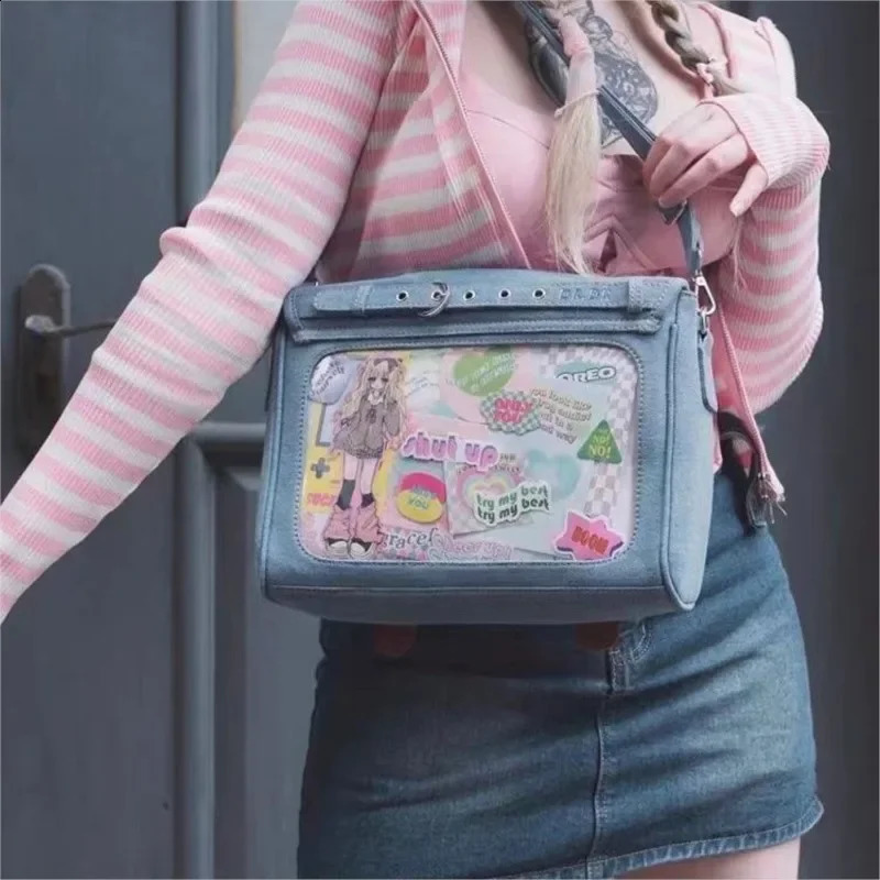 JIAERDI Japanese Denim Messenger Bag Women Harajuku Transparent Ita Bags Handbag Ladies Harajuku Blue Casual Crossbody Bags 240819