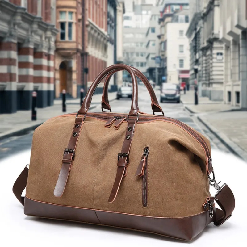 Canvas Travel Bag Men Simulation Leather PU Outdoor Luggage Travel Fitness Bag Large Capacity Tote Handbag Hiking Luggage Bag 240819