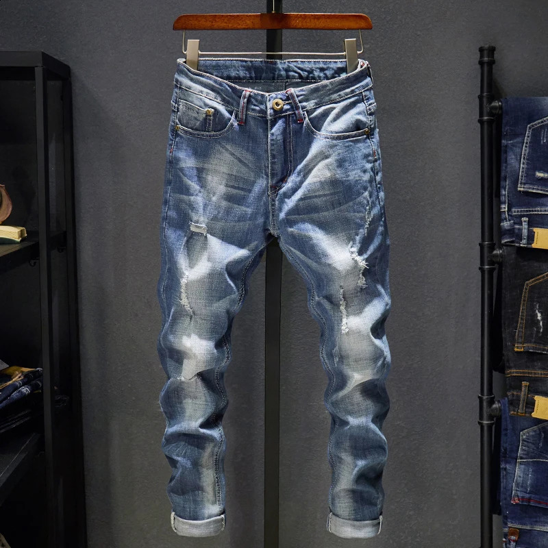 Ripped Jeans Men Slim Fit Light Blue Stretch Fashion Streetwear Frayed Hip Hop Distressed Casual Denim Jeans Pants Male Trousers 240819