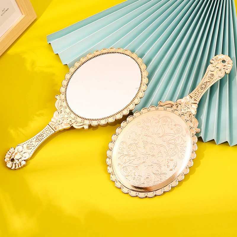 Rose Gold Portable Vintage Makeup Mirror Hand Hold Oval Round Mirror Noble Restore Ancient Ways Court Mirror Beauty Tool Y240819