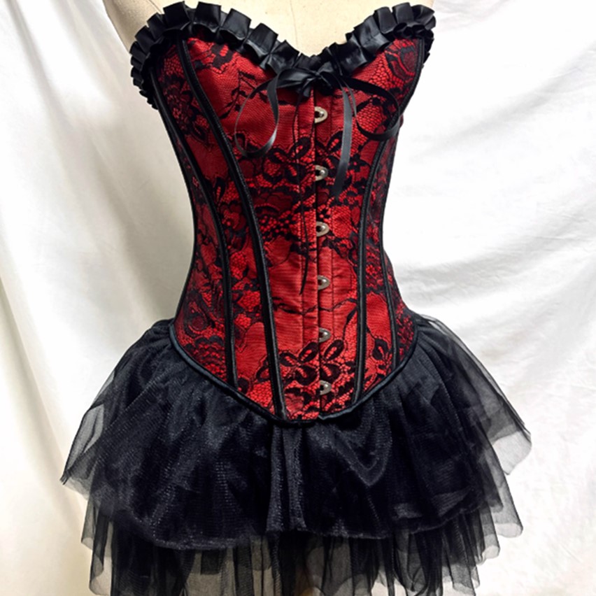 Stylish Contrast Black Lace Overbust Corset for Women Featuring a Feminine Ruffle Edge Burlesque Dancing Outfit Corselet XS-3XL