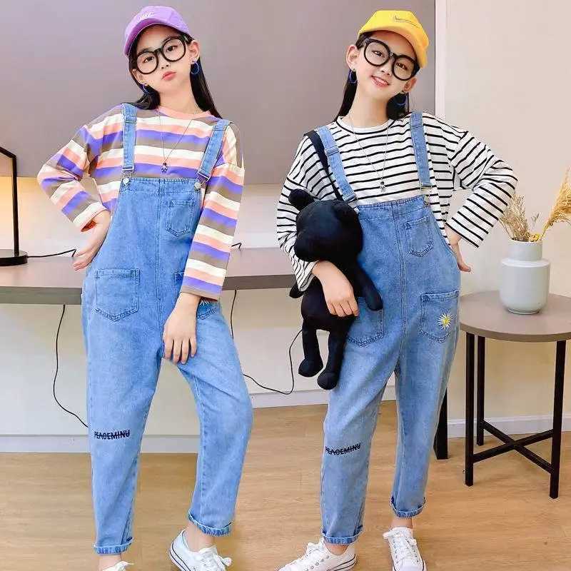 Embroidered denim jeans jumpsuit girls childrens long pants girls game set one-piece for ages 4 5 6 7 8 9 10 11 and 12 W240806