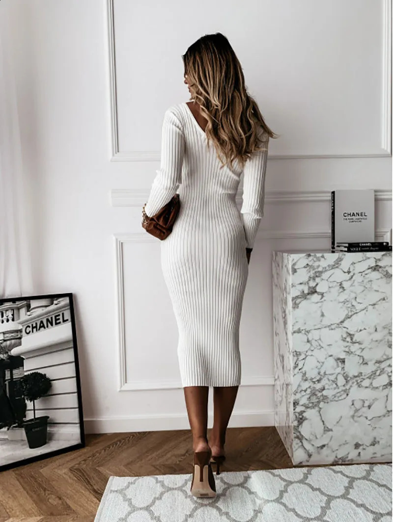 Women Ribbed Knit Long Sleeve Maxi Dress Slim Fit Solid Color Bodycon Pencil Long Dress Casual Fall Winter Clothes 240819