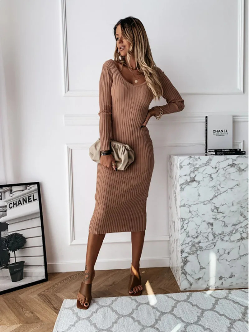 Women Ribbed Knit Long Sleeve Maxi Dress Slim Fit Solid Color Bodycon Pencil Long Dress Casual Fall Winter Clothes 240819