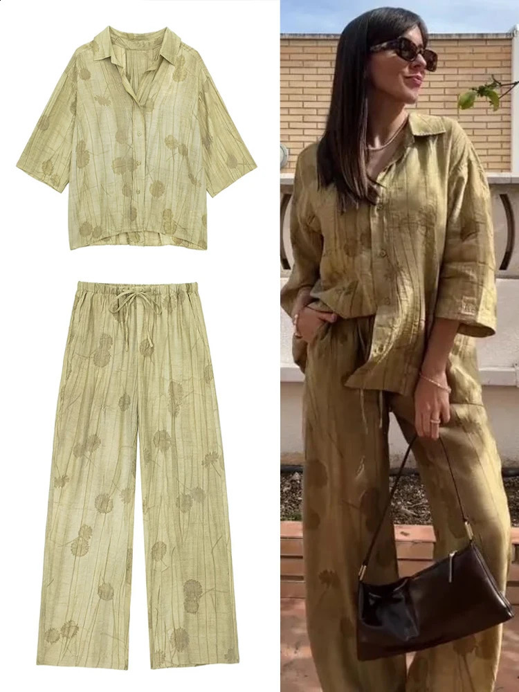 Casual Jacquard Shirt and Pants Set for Women Half Sleeve Button Shirt Wide Leg Pants Set for Women Summer Women Street Clothing Set 240819