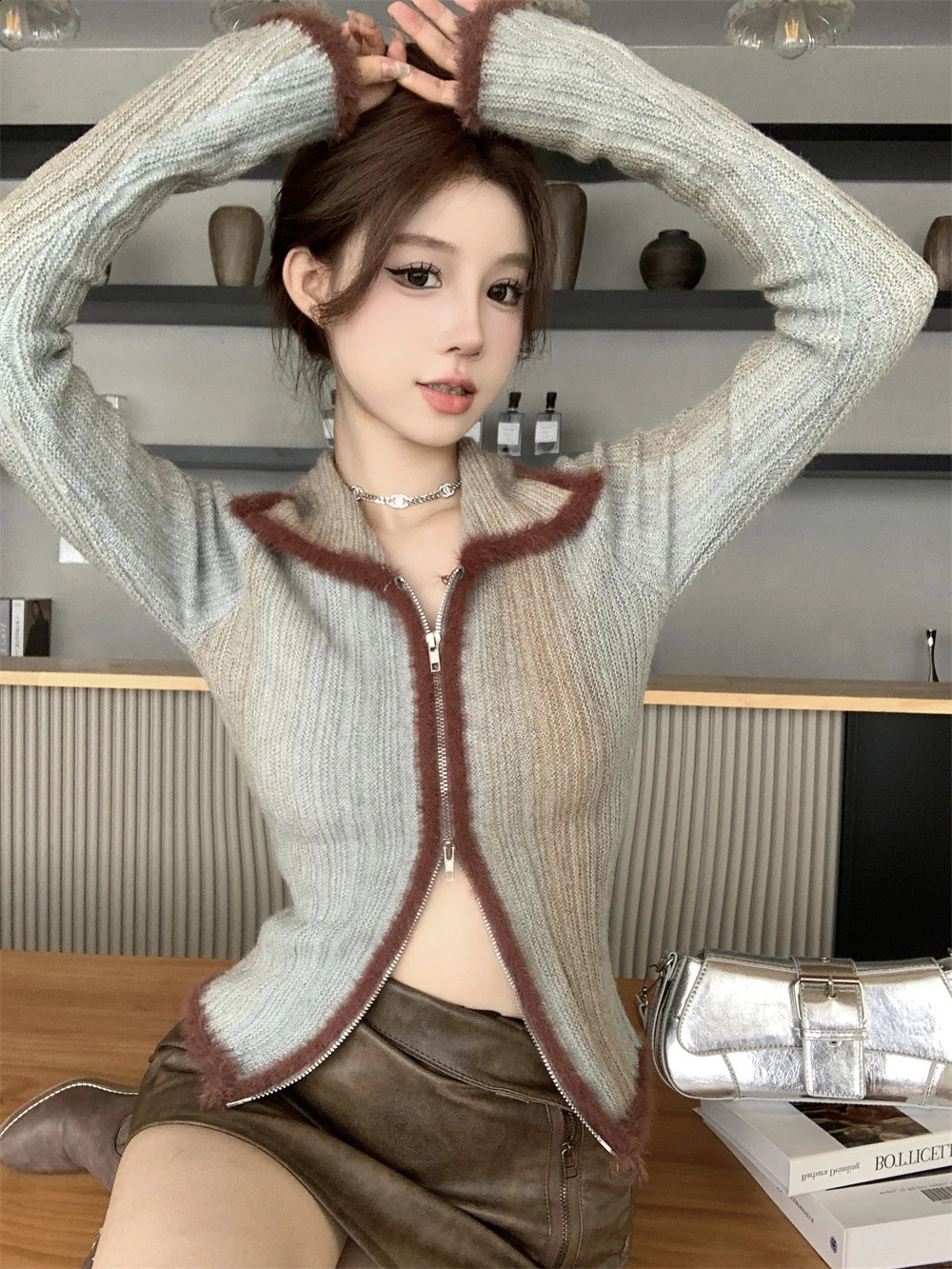 Casual contrasting color cardigan womens autumn long sleeved zipper knitted top with collar n open front sweater 240819