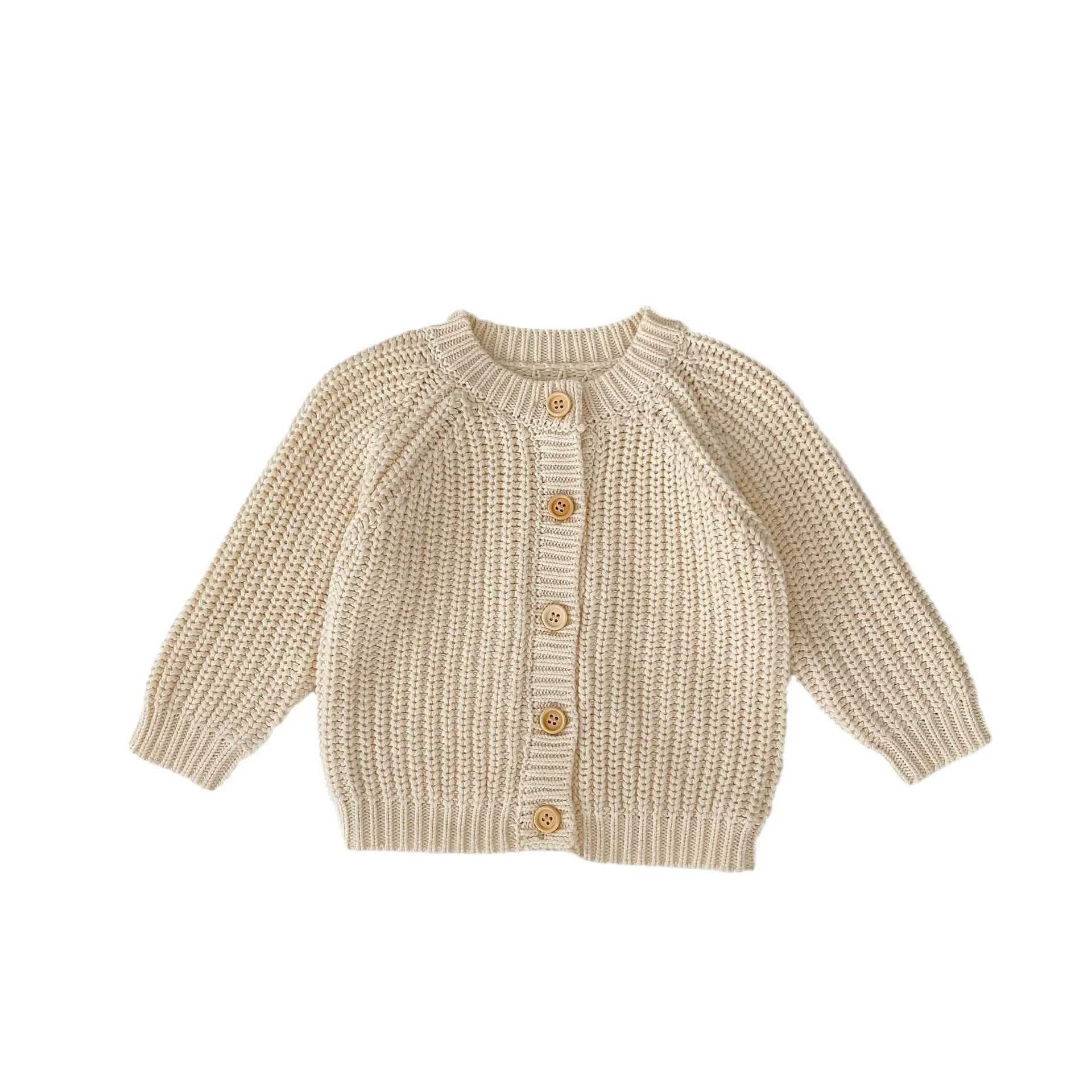 Baby Sweater Coat Autumn 2024 Solid Color Beige Knitted Girls Sweater Long-sleeved Coat 0-3Year Kids Cardigan SweaterXJ240819