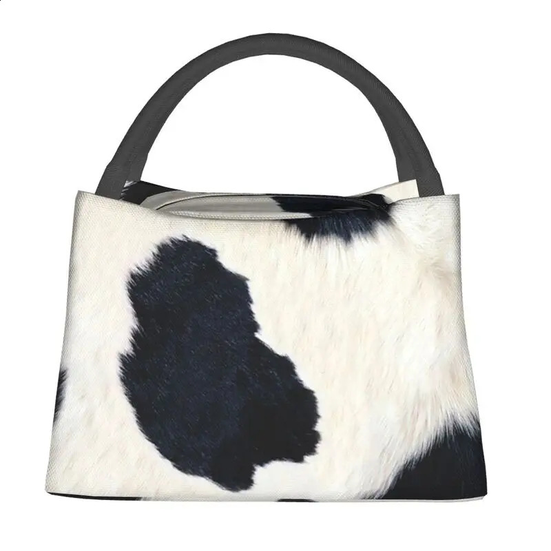 Real Black And White Cowhide Thermal Insulated Lunch Bags Print Women Rustic Cow Faux Fur Skin Leather Resuable Meal Food Box 240819