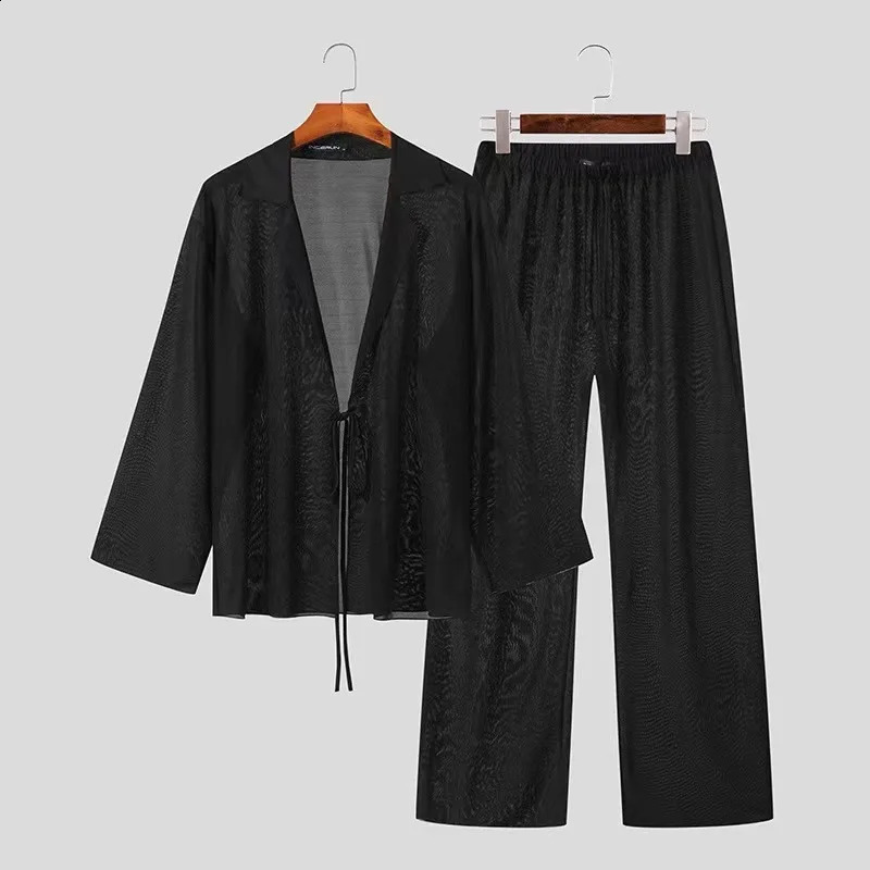 Mens Thin Solid Color Sexy suits Deep V-Lace Long Sleeved Cardigan Shirt Perspective Pants Fashion Clothing Male Two Piece Set 240819