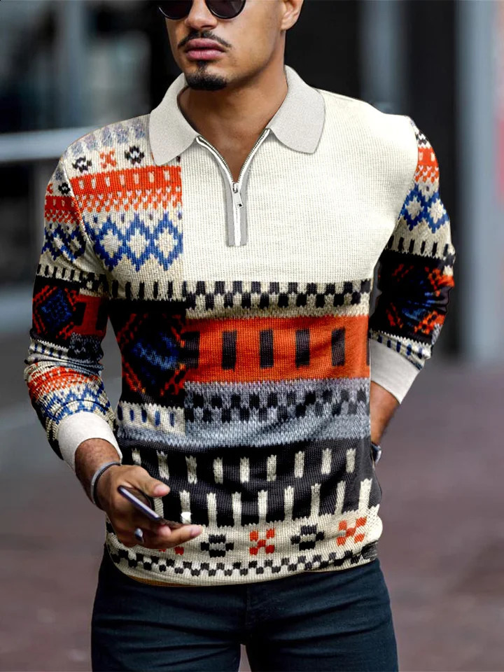 Trendy versatile loose fit suitable for all seasons of mens long sleeved zipper polo shirt MB14 240820