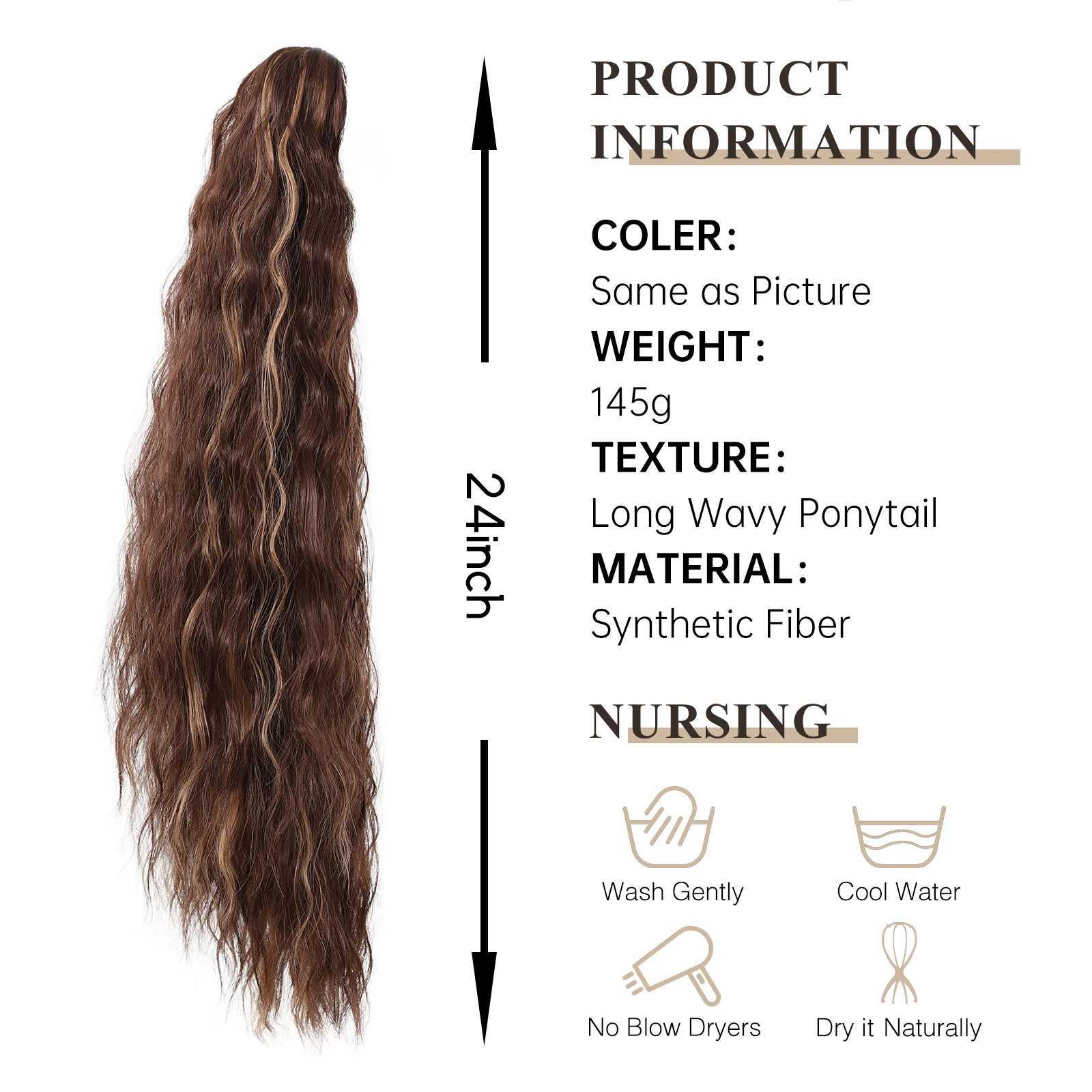 Long curly synthetic ponytail clip dark brown high gloss blonde hair extension 24 inch ponytail wig for womens daily use W240817