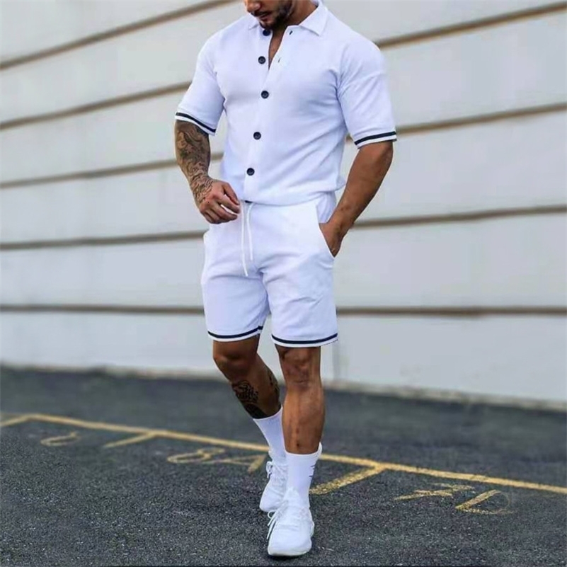 2024 Mens Summer Polo Cardigan Solid Short Sleeve Shorts Two Piece Casual Set 240819