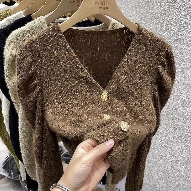 Womens Lace Knitted Autumn Winter Solid Color V-Neck Jacquard Weave Button Fashion Loose Long Sleeve Tops 240819