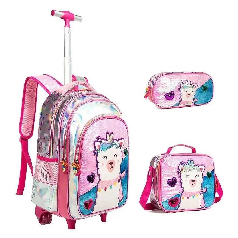 17 Inch Kids Backpacks for Girls Sequin School Bag with Lunch Box for Elementary Students Childrens Backpack Girl Wheel Y240820