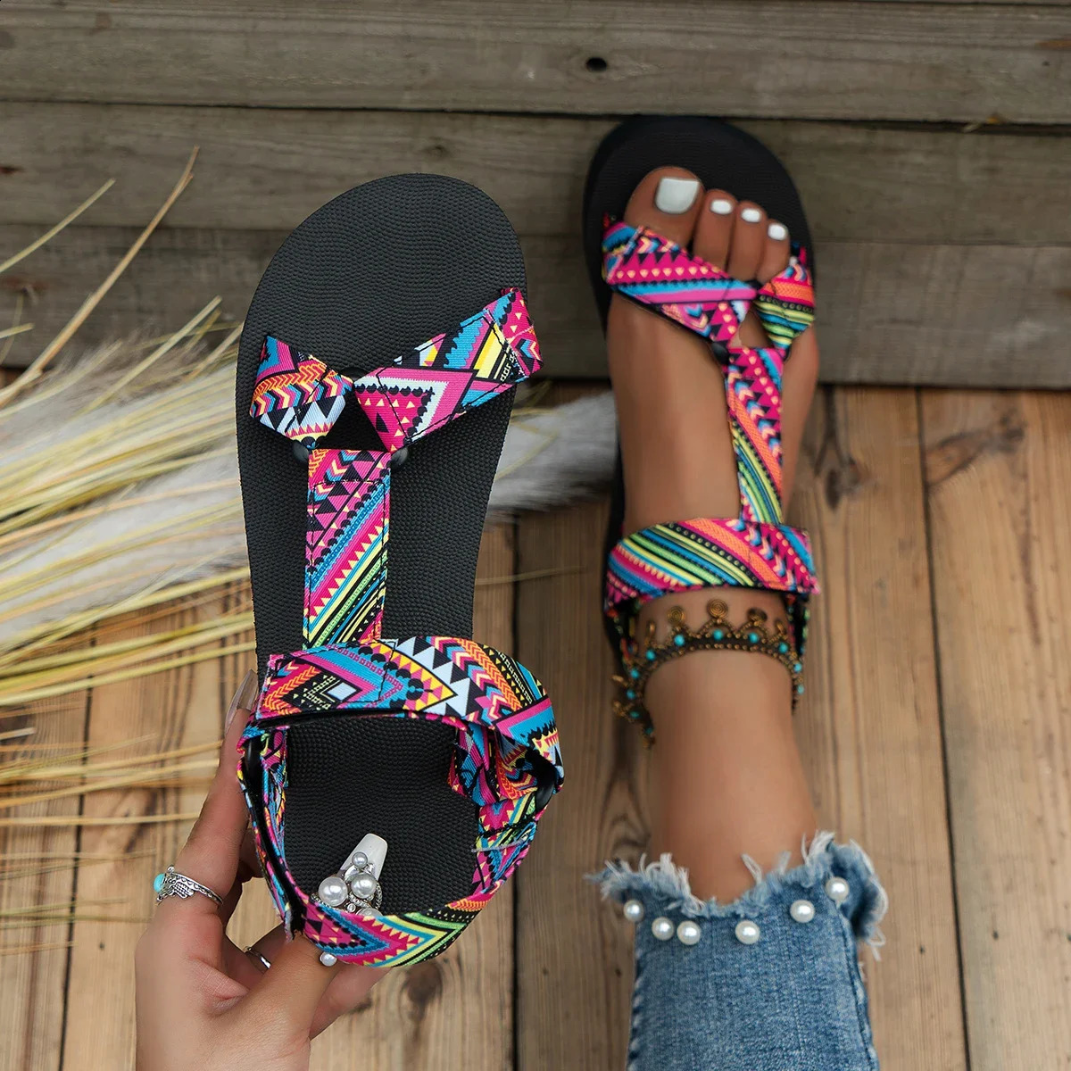 2024 Summer Flat Womens Shoes Hemp Rope Set Foot Beach Sandals Outdoor All-match Casual Slippers Large Size Women Sandals 240819
