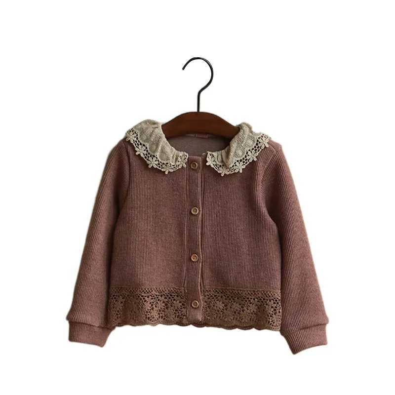2023 Autumn New Korean Childrens Girls Fashionable Polo Collar Lace Knitted Cardigan Coat knitted sweaterXJ240819