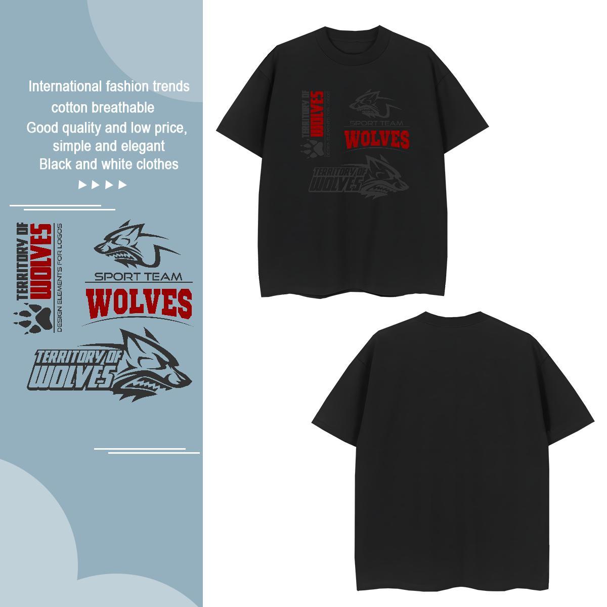 Loose T Shirts Men wolf Short Sleeve O-Neck Street Plus Size Cartoon 230g Pure Cotton Men Tops Tees Customized Tshirts