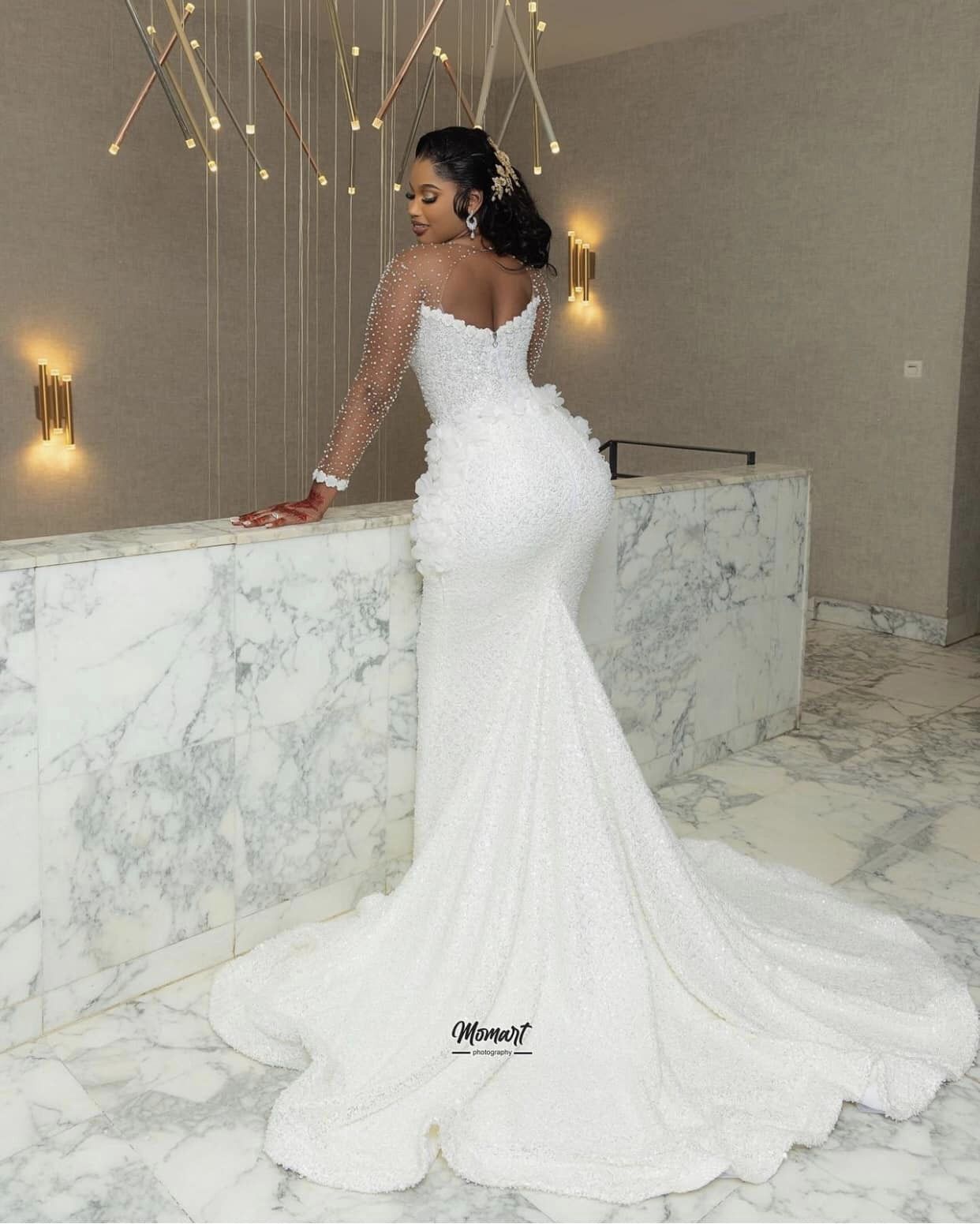 African Aso Ebi 2024 Ivory Mermaid Wedding Dress Sequined Flowers Full Sleeves Beaded Vintage Elegant Bridal Gowns Dresses ZJ208