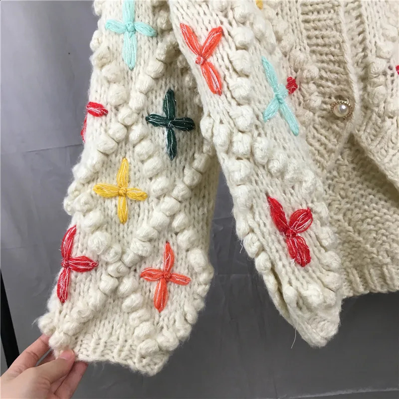 Crochet multicolor star knitted retro cardigan woolen sweater thick handmade jacket autumnwinter Auman clothing 240819