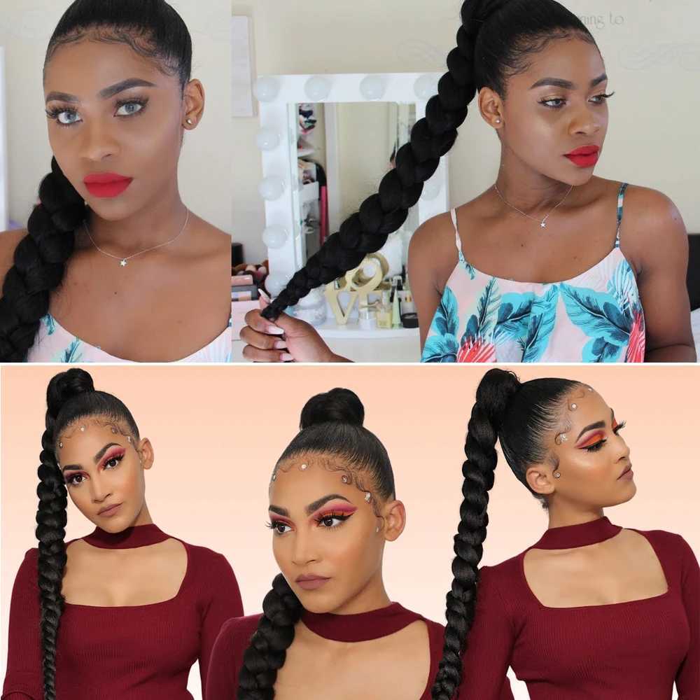 40 inch ultra long box braided brushed ponytail synthetic natural ponytail wig suitable for black women to clip and extend their hair W240817