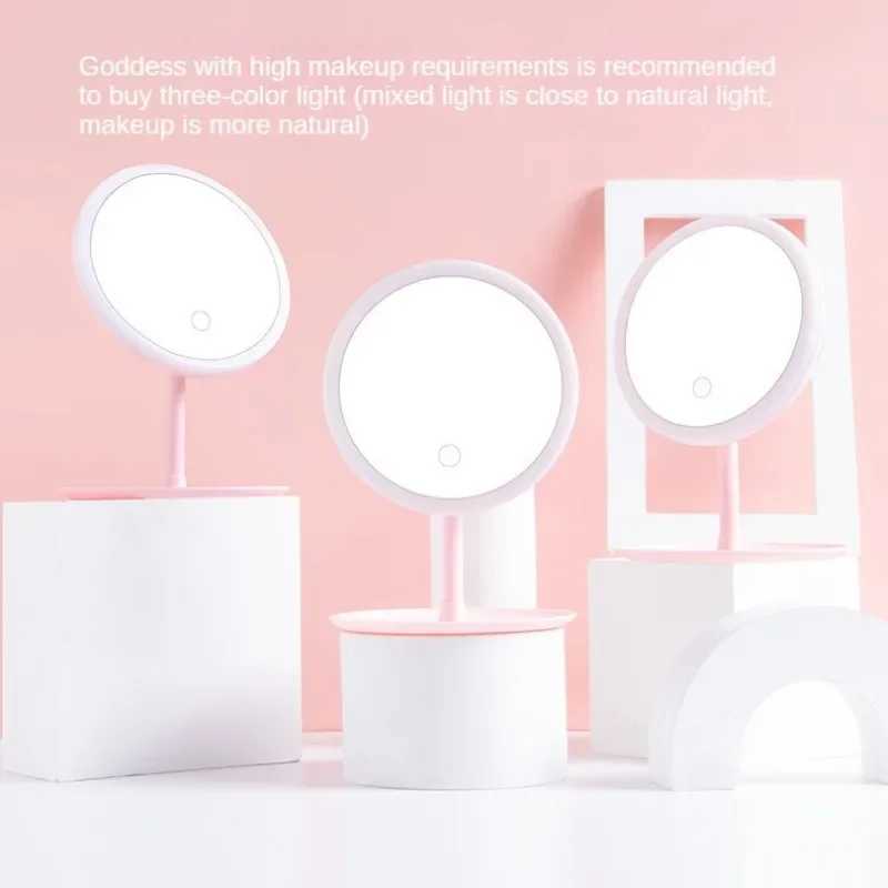 New Makeup Mirror with Led Light USB Mirrors Portable Desk Vanity Mirror Touch Screen Adjustable Tricolor HD Light Natural Light Y240819