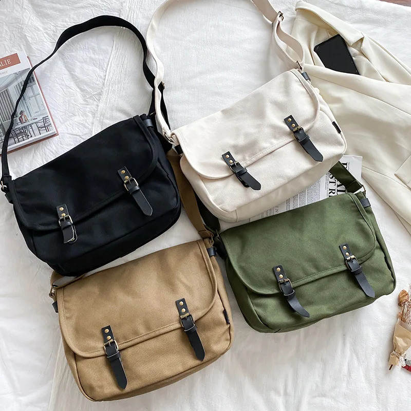 Messenger Bags Women Vintage Large Capacity College Couples Shoulder Cross-body Canvas Bag Japanese Fashion Satchel All-match 240819
