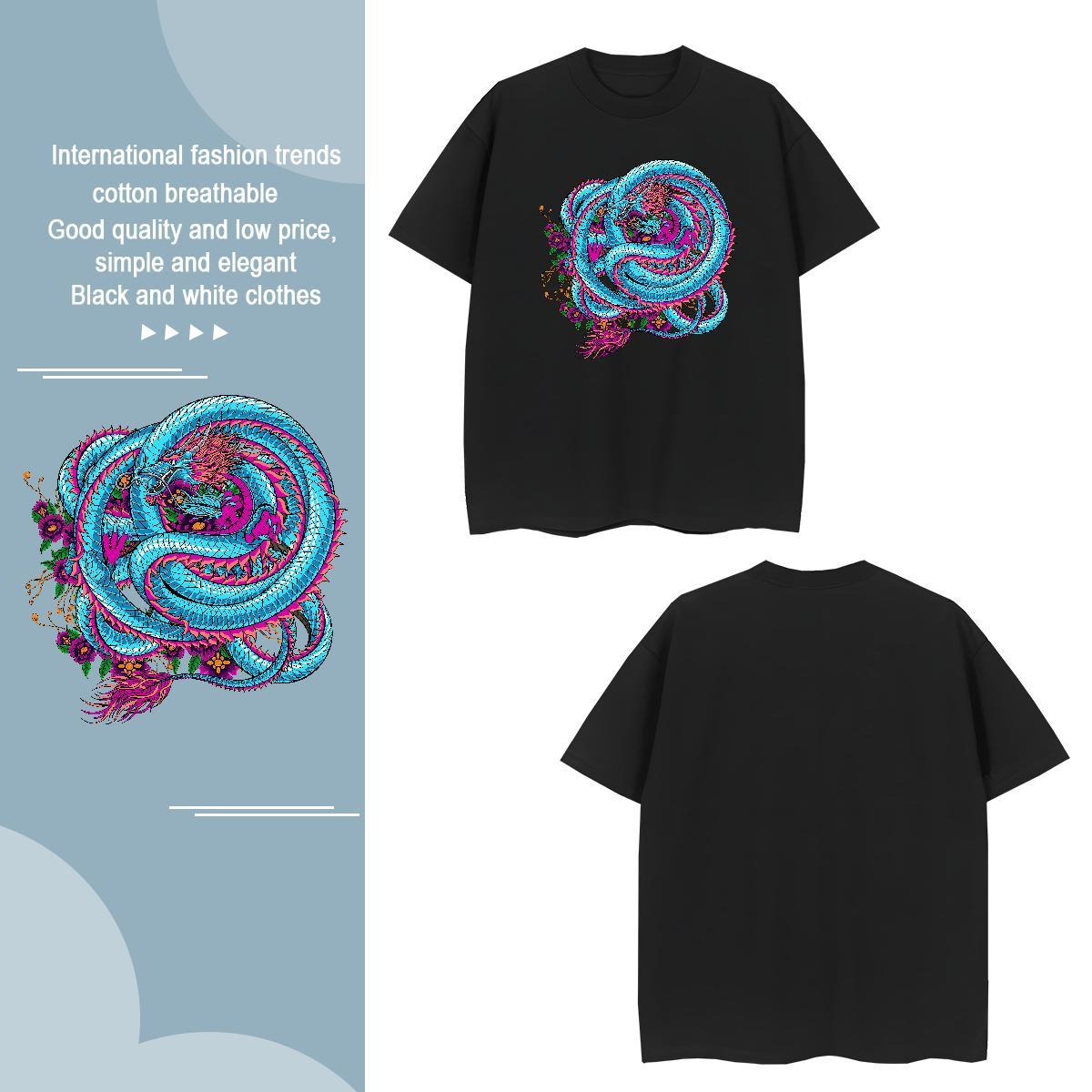 T Shirt For Man 230g Pure Cotton dragon Spring Summer Round Neck Short Sleeve Cartoon Printing L-4XL Couples T Shirts Classic Casual Comfortable Cloth