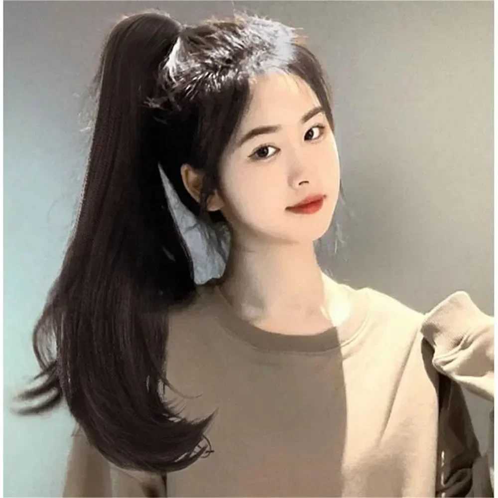45cm natural synthetic straight ponytail clip wig for women simulating fluffy and slightly tilted hair extension W240817
