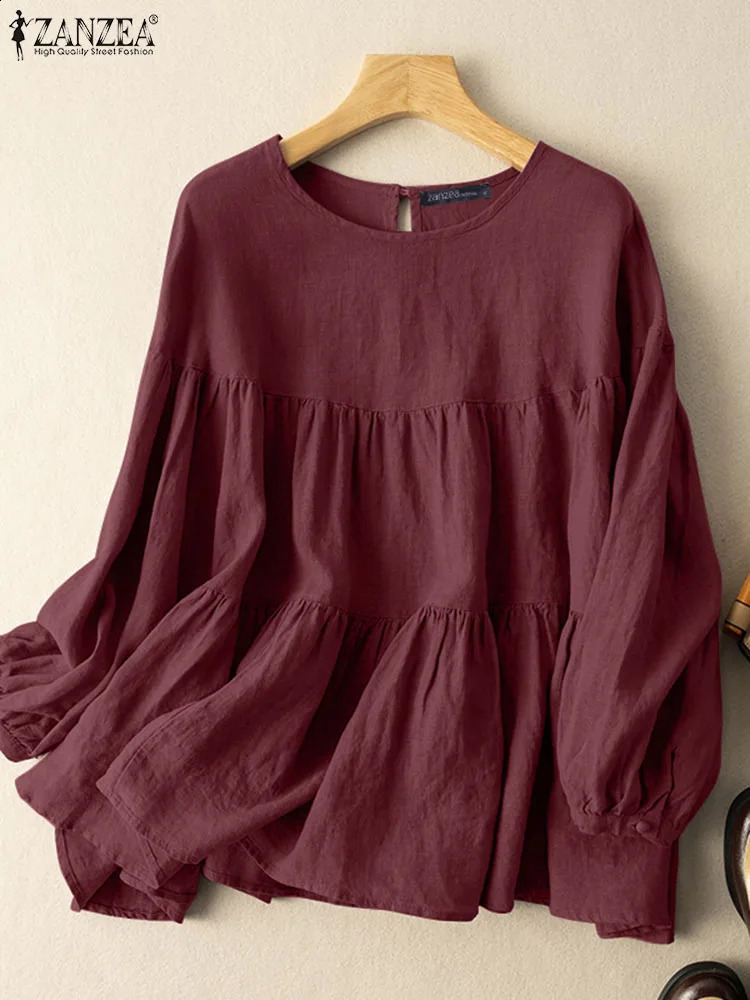 ZANZEA autumn retro long sleeved womens casual cotton shirt Oneck solid blue fashionable button cuffs Chemise 240819