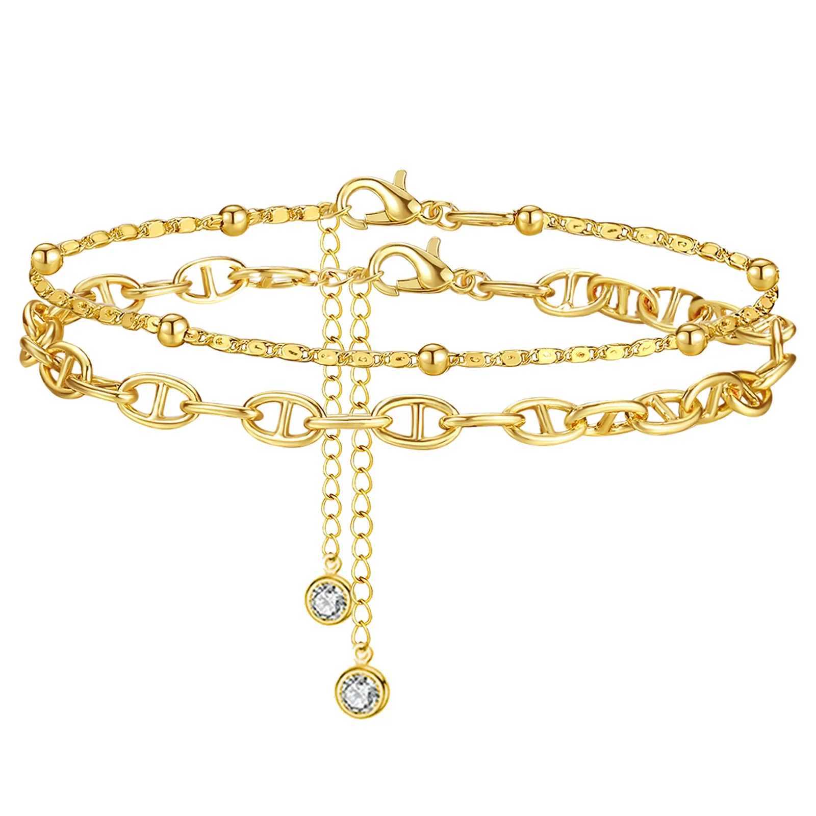 2-piece/set stainless steel anklet set for women gold and silver color chain anklet bracelet for women summer beach leg jewelry W240815