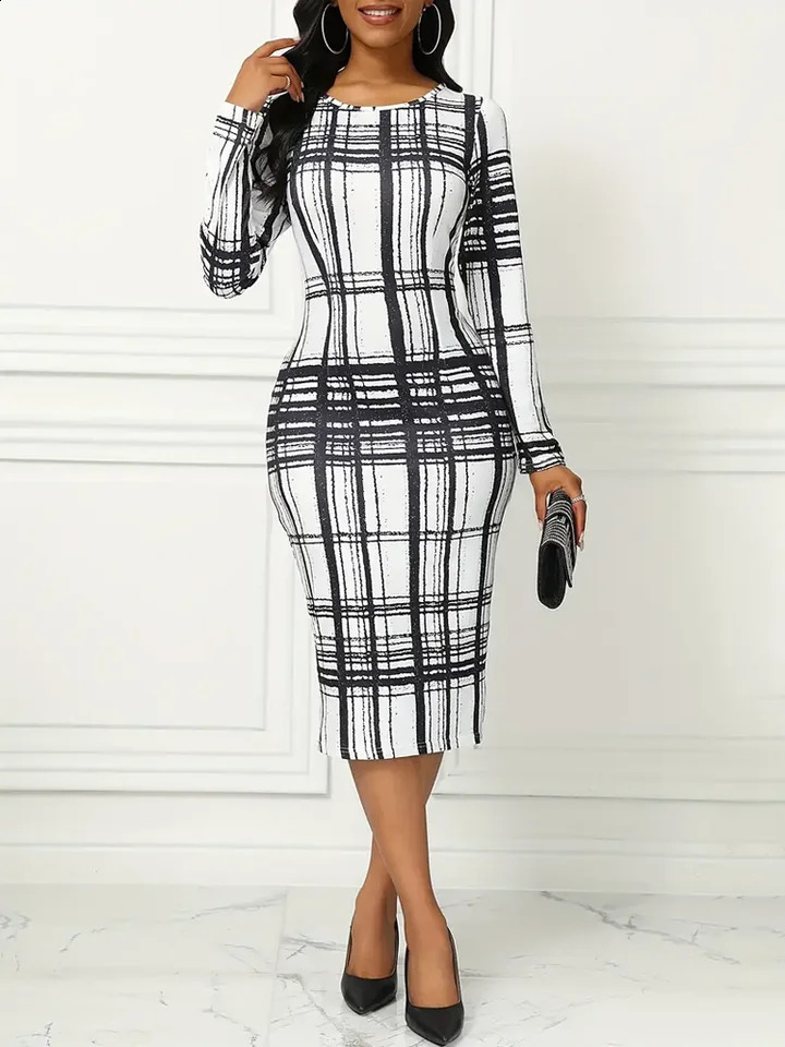Plaid Print Long Sleeve Dress Casual Crew Neck Dress For Spring Fall Womens Clothing 240819