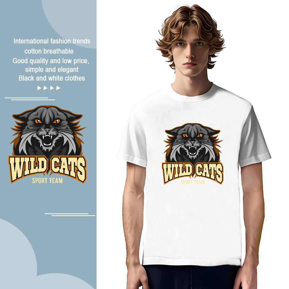 Popular Men T Shirts wild cat Round Neck Short Sleeve Casual Daily Wear Custom Print Oversized 230g Cotton Mens Tshirts 2024 Summer Tee Shirt