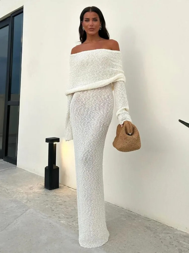 Knit Hollow Out Off-shoulder Maxi Dress Female Cover Up See-through Sleeve Holiday Beach Party Dress Women Knitwear Dress