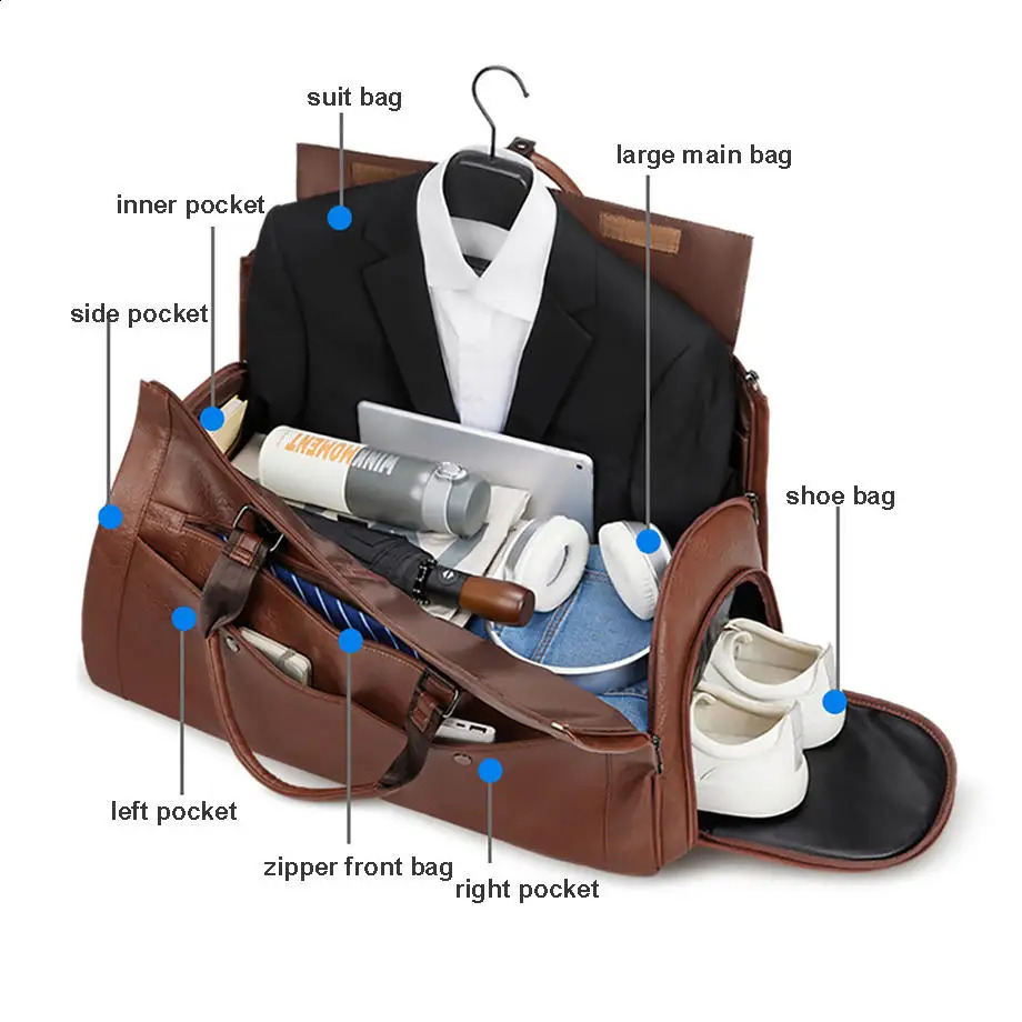 Leather foldable Duffle Bag Suit Travel Bag Waterproof Extra Large Weekend Bag Portable Flight Bag with Shoe for Men Women 240819