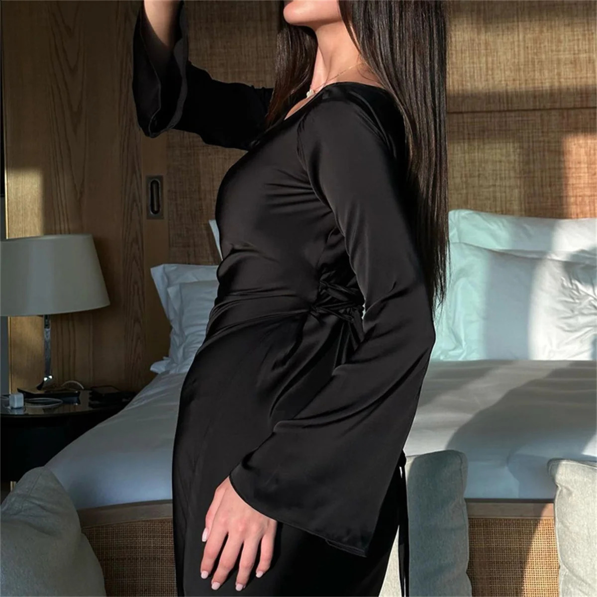 Women Long Dresses Fashion Simple Elegant Round Neck Satin Flare Sleeve Lace Up Slim Evening Party Dresses Sexy Dress 240819