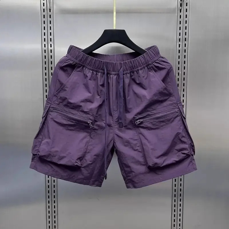 Mens retro multi pocket cargo shorts summer thin and loose straight casual jacket hat solid color drawstring 240819
