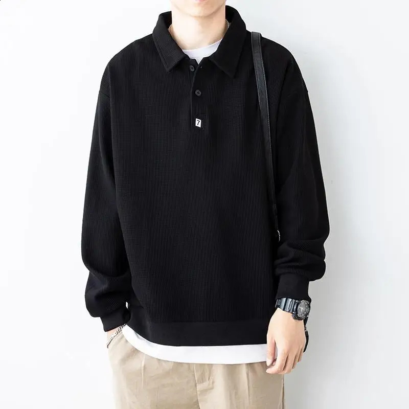 Mens Clothing Baggy Black Top Polo T Shirt for Man Unicolor Sweatshirts Plain 90s Vintage Harajuku Fashion Long Sleeve Full It 240819