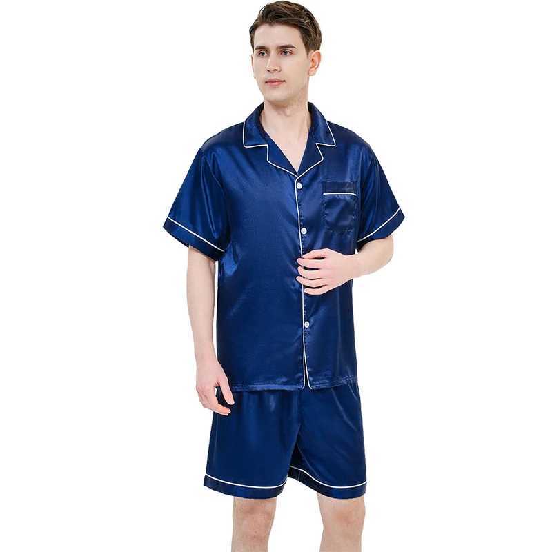Ice silk pajamas mens short sleeved pajamas summer solid color pajamasW240719