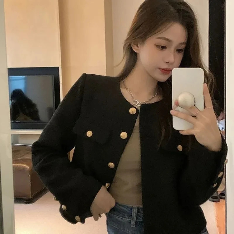 Wool coat womens jacket short sleeved autumn and winter cardigan long top single chest coarse tweed casual wool 240819