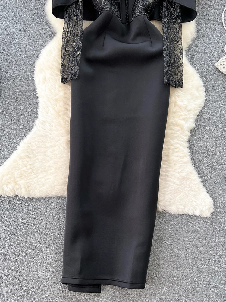 XFPV Female Stand Neck Long Sleeve Dress Lace Patchwork High Waist Hollow Out Elegant Vestidos Fashion Spring Autumn SM9558 240819