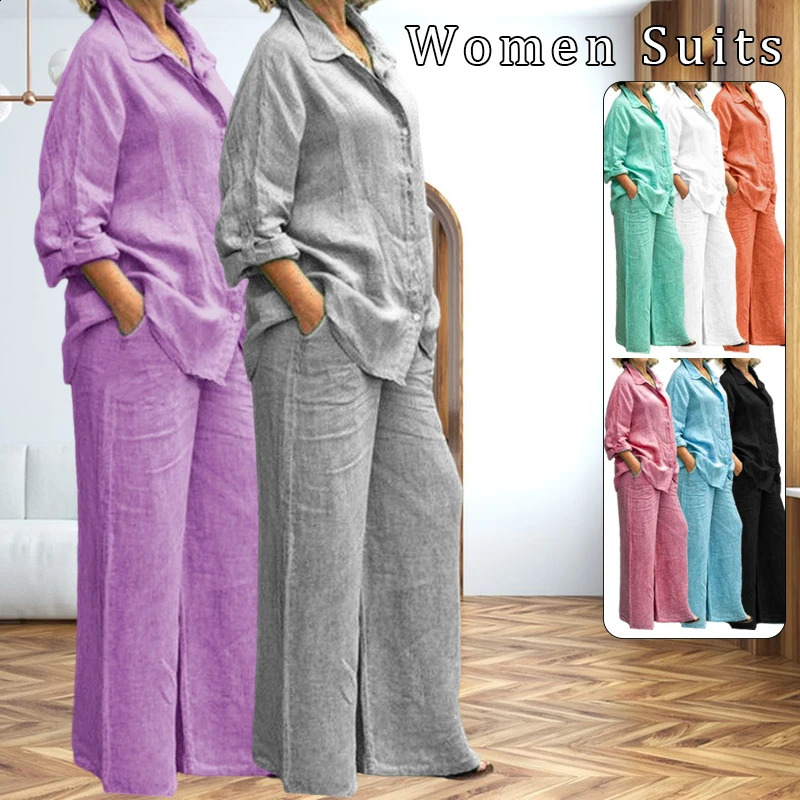 Plus Size Cotton Linen 2Pcs Set Women Autumn Long Sleeve Shirt Trousers Set Fashion Solid Straight Pants Suits Women Outfits 240820