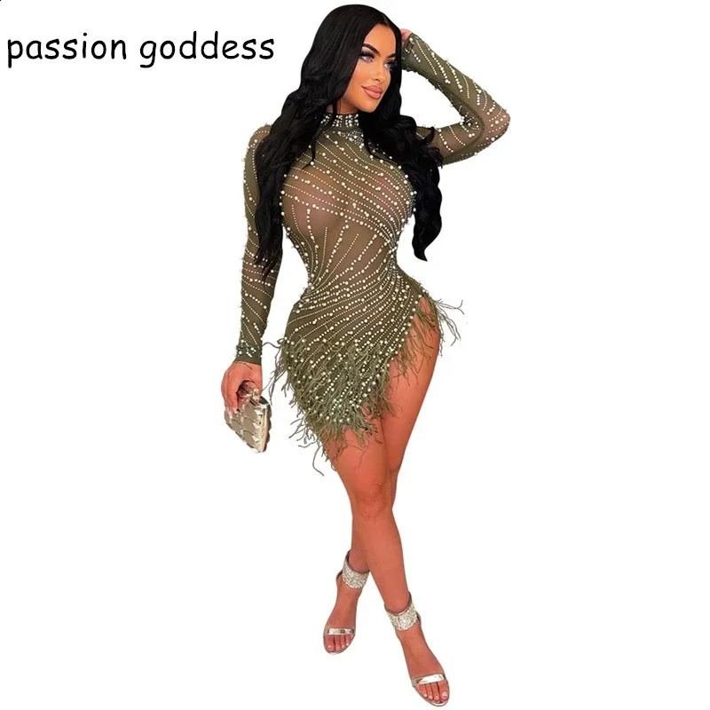 Fashion Long Sleeve Diamonds Sexy Bodycon Mesh See Through Party Dresses for Women Feather Pearls Black Irregular Club Dress 240819