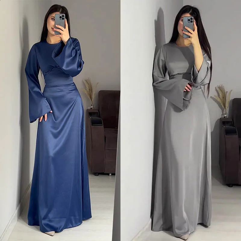 Women Satin Long Dresses Sexy Lace Up Slim Evening Dresses Simple Round Neck Flare Sleeve Birthday Party Dresses For Women 240819