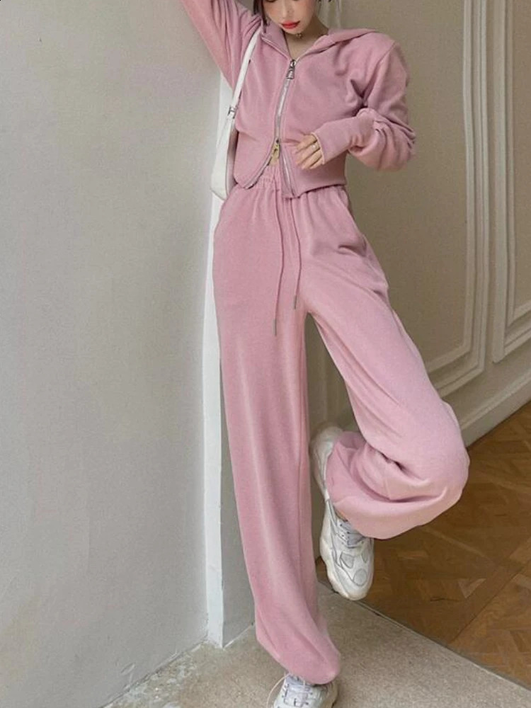 Korean Style Fashion Casual Female Tracksuit Women Two Piece Set Solid Color Hooded Zipper Short Cardigan and Sweat Pants Set 240820