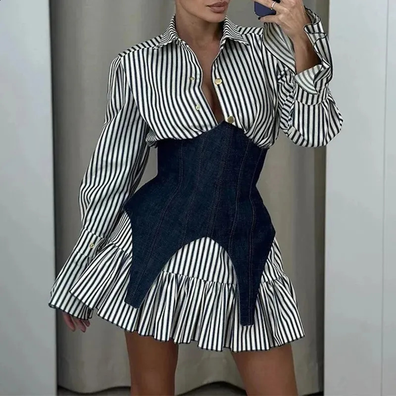 Spring Office Long Sleeved Mini Dresses Elegant Striped Button Slim Shirt Dress Womens Casual Lapel Pleated Patchwork Dress 240813
