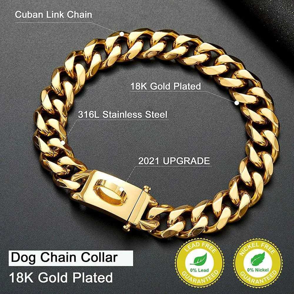 Gold Chain Dog Collar with Secure Snap Buckle 19MM Cuban Link Dog Collar Chew Resistant Heavy Duty Pit Bull Collar for Big Dogs M240820