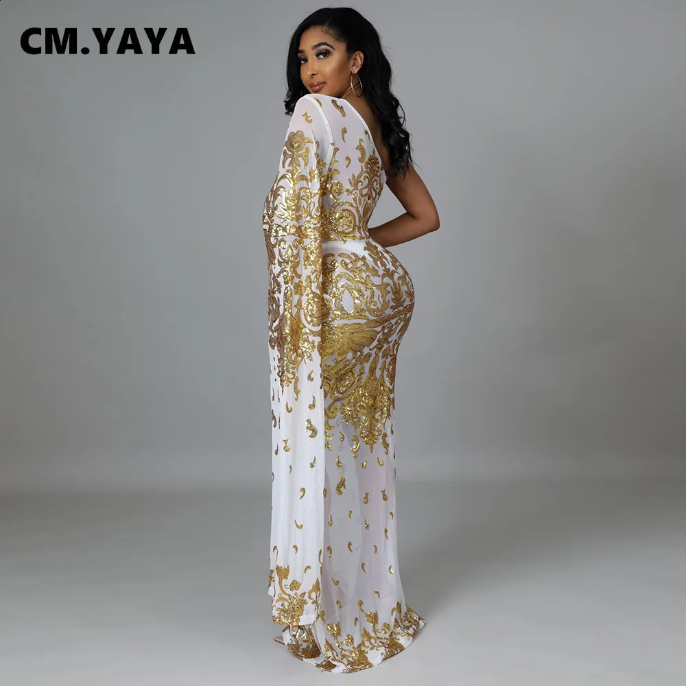 CM.YAYA Women Sequined Paisley Mesh See Though One Shoulder One Long Clock Sleeve Mermaid Maxi Dress Sexy Night Party Long Dress 240819