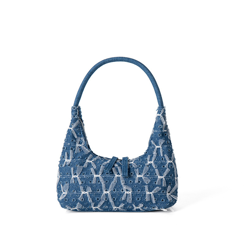 Trendy and personalized denim handbag, women's high-end single shoulder underarm bag, lace bow, broken hole crescent bag