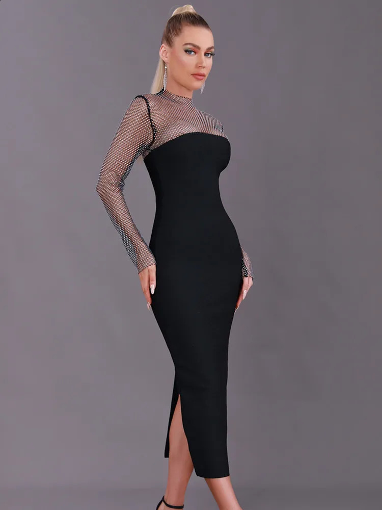 Women Winter Sexy Long Sleeve Diamonds Sparkly Black Midi Bodycon Bandage Dress Elegant Evening Celebrity Party Club Dress 240819